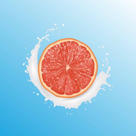 Realistic 3d Vector Illustration. Sliced   grapefruit. Milk juice splash. Colourful citrus background.のイラスト素材