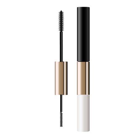 A mascara tube and   wand applicator. Cosmetic bottle with eyelash brush. Isolated on white background. Grunge swatch, black wavy brush stroke hand drawn. 3d realistic vector illustration.のイラスト素材