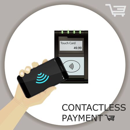 Contactless payment transaction touch card with display and pinpad. Hand holding smartphone.  Wireless payment. POS terminal, MSR, EMV, NFC. Wi fi sign. Vector.のイラスト素材