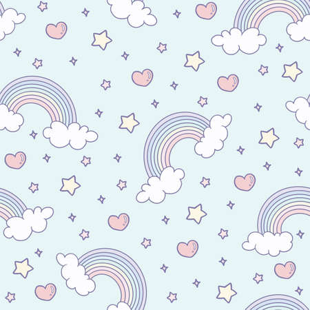 Cute rainbow with cloud, heart and stars on a light blue background seamless pattern.のイラスト素材