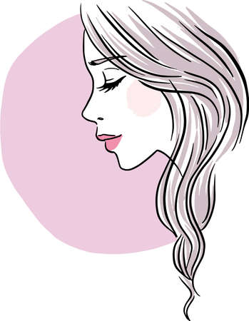 Beautiful woman with long hair illustration. Digitally hand drawn pretty girl with purple circular background.のイラスト素材