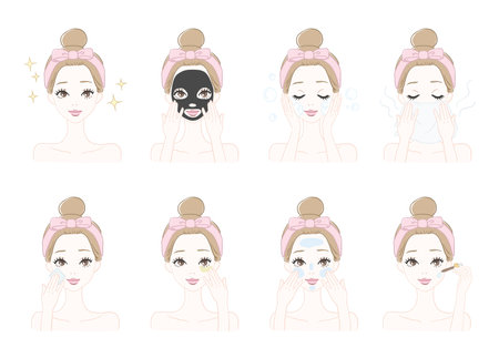 Cute girl illustration sets of self skin care procedures. Digitally hand drawn vector arts collection.のイラスト素材
