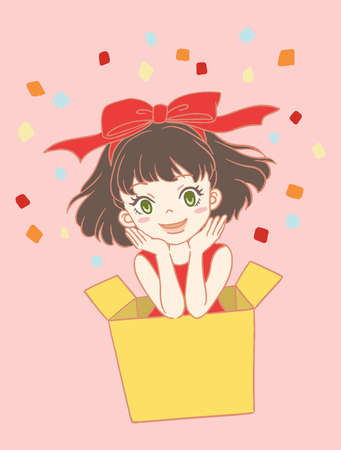 Cute girl with ribbon on her head out of the gift box. Digitally hand painted vector illustration designed for mother's day.のイラスト素材