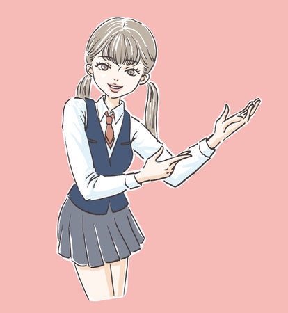 Digitally hand drawn vector illustration of a school girl in a uniform showing blank space with both hands.のイラスト素材