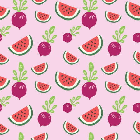 Watermelon and radish seamless pattern. Vector illustration of watermelon and radish.のイラスト素材
