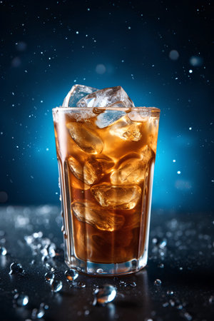 Cuba libre cocktail with ice cubes and splash on dark backgroundの素材