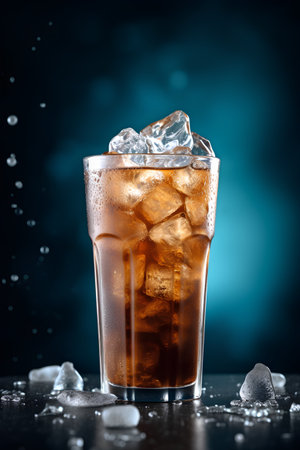 Cola with ice cubes in a glass on a dark blue background.の素材