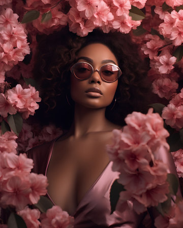 Beautiful african american young woman with afro hairstyle and sunglasses posing among blooming sakura flowers.の素材