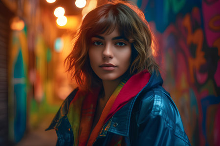 Portrait of a beautiful young girl in a blue jacket on a background of colorful graffiti.の素材