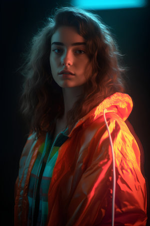 Portrait of a beautiful young woman in a bright raincoat.の素材