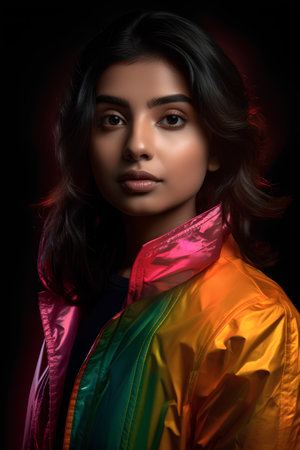 Portrait of a beautiful asian woman in a colorful jacket.の素材