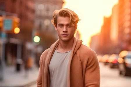 Attractive young man in the city at sunset, looking at camera.の素材