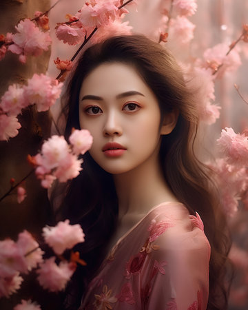beautiful young asian woman with cherry blossom sakura flowersの素材