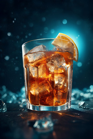 Cuba libre cocktail with ice cubes and slice of lemon on dark backgroundの素材