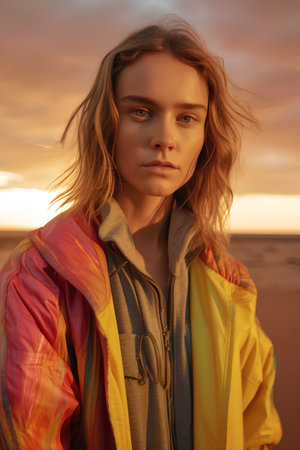 Portrait of a beautiful girl in a yellow jacket at sunset.の素材
