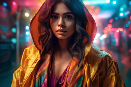 Portrait of a beautiful young brunette woman in a yellow raincoat.の素材
