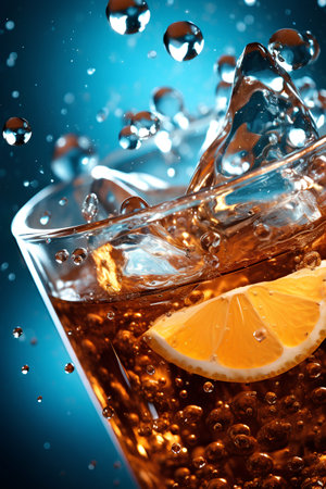 Whiskey with ice and slice of lemon on a blue backgroundの素材