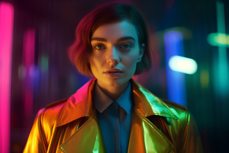 Fashion portrait of a beautiful young woman in a gold jacket on a colorful background.の素材
