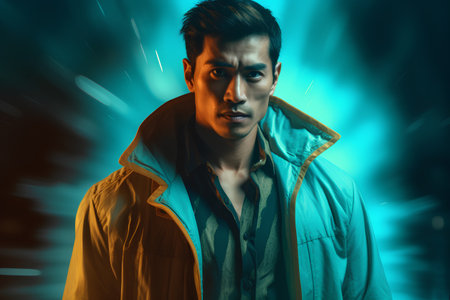 Portrait of a handsome asian man wearing a raincoat.の素材