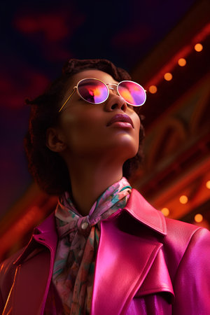Fashionable african american woman in sunglasses and a pink coat on the background of night city.の素材