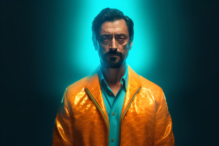 Portrait of a man in a yellow jacket. Studio shot.の素材
