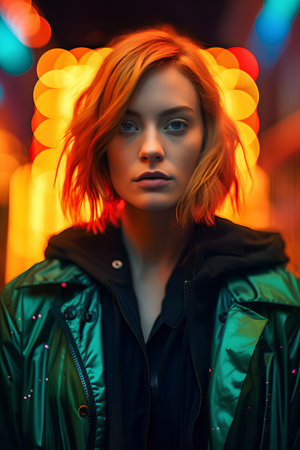 Fashion portrait of a beautiful red-haired girl in a green coat.の素材