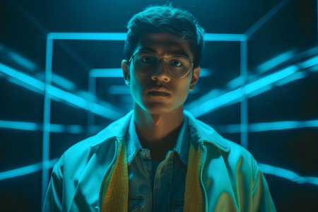 Portrait of a handsome asian man in a neon light.の素材