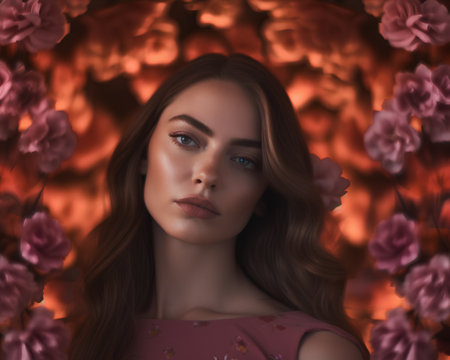 Portrait of beautiful young woman with flowers in her hair. Beauty, fashion.の素材