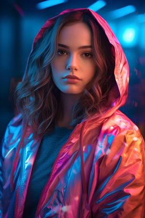 Portrait of a beautiful girl in a pink jacket with a hood.の素材