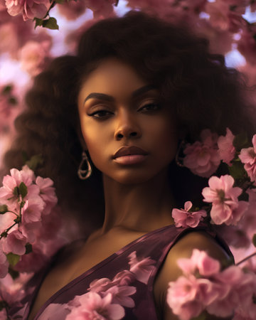 Fashion portrait of young beautiful african american woman in flowersの素材