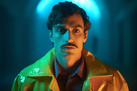 Portrait of a man in a yellow raincoat on a dark background.の素材