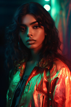 Fashion shot of a beautiful young woman in a bright neon light.の素材