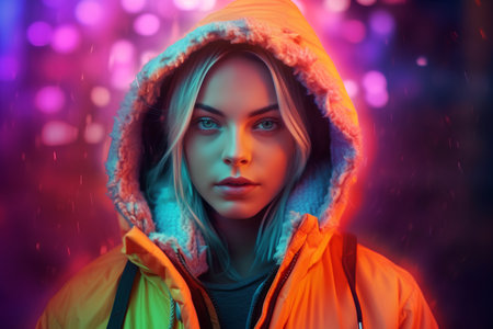 Portrait of a beautiful young woman in a raincoat and hood.の素材