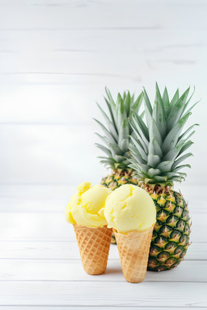Pineapple ice cream in waffle cones on white wooden backgroundの素材
