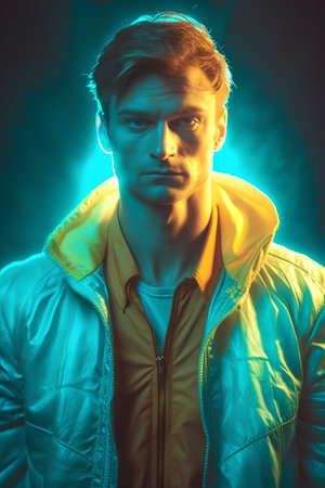 Portrait of a handsome young man in a yellow jacket. Studio shot.の素材