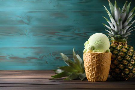 Pineapple ice cream in waffle cone on wooden background.の素材