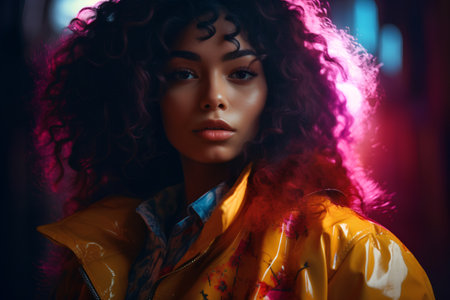 Beautiful african american girl with curly hair in a yellow raincoatの素材