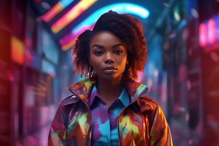 Fashionable african american young woman in colorful neon lights.の素材