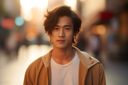 Portrait of a handsome asian man in the city at nightの素材