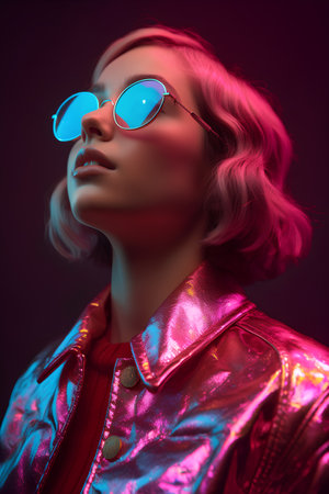 Fashion portrait of a beautiful young woman in a pink jacket and sunglasses.の素材