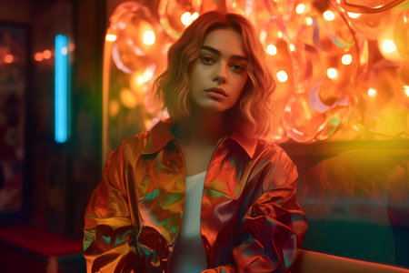 Portrait of a beautiful girl in a red jacket in a nightclub.の素材