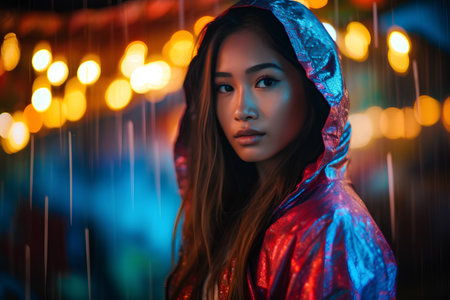 Portrait of a beautiful asian woman in red raincoat with hoodの素材