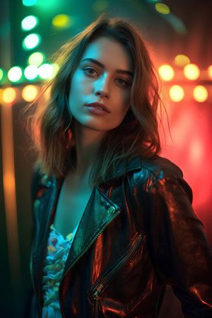 Beautiful young woman in leather jacket. Portrait of a beautiful girl in a nightclub.の素材