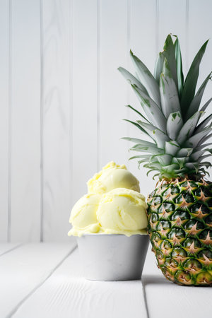 Pineapple ice cream with fresh pineapple on white wooden background.の素材