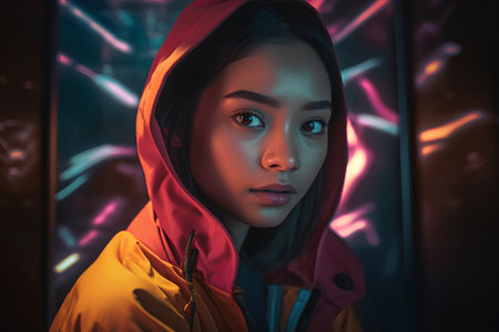 Portrait of a beautiful young woman in a bright raincoat.の素材