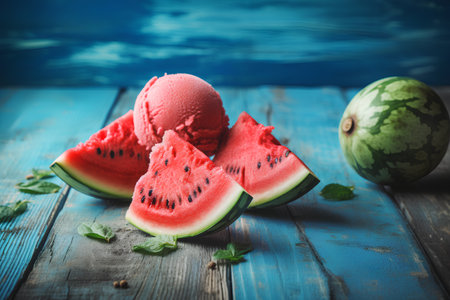 Watermelon ice cream with fresh watermelon on blue wooden background.の素材