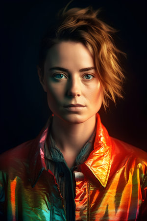 Portrait of a beautiful young woman in a bright jacket. Studio shot.の素材