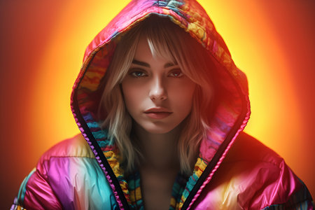 Portrait of a beautiful young woman in a colorful raincoat.の素材