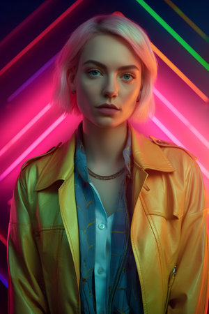 Portrait of a beautiful young woman with blond hair in a yellow leather jacket and blue jeans on a background of neon lights.の素材