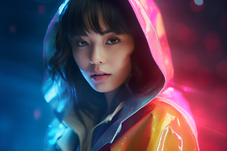 Futuristic portrait of a beautiful girl in a neon light.の素材